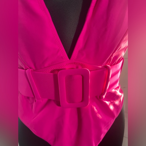 Barbie Pink Deep Plunge One Piece w/ Attached Belt - Sz S - Picture 6 of 7